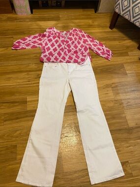 Bundle: Lilly Pulitzer White Babe Boot Cut Jean; size 14 w C&I pink/white blouse